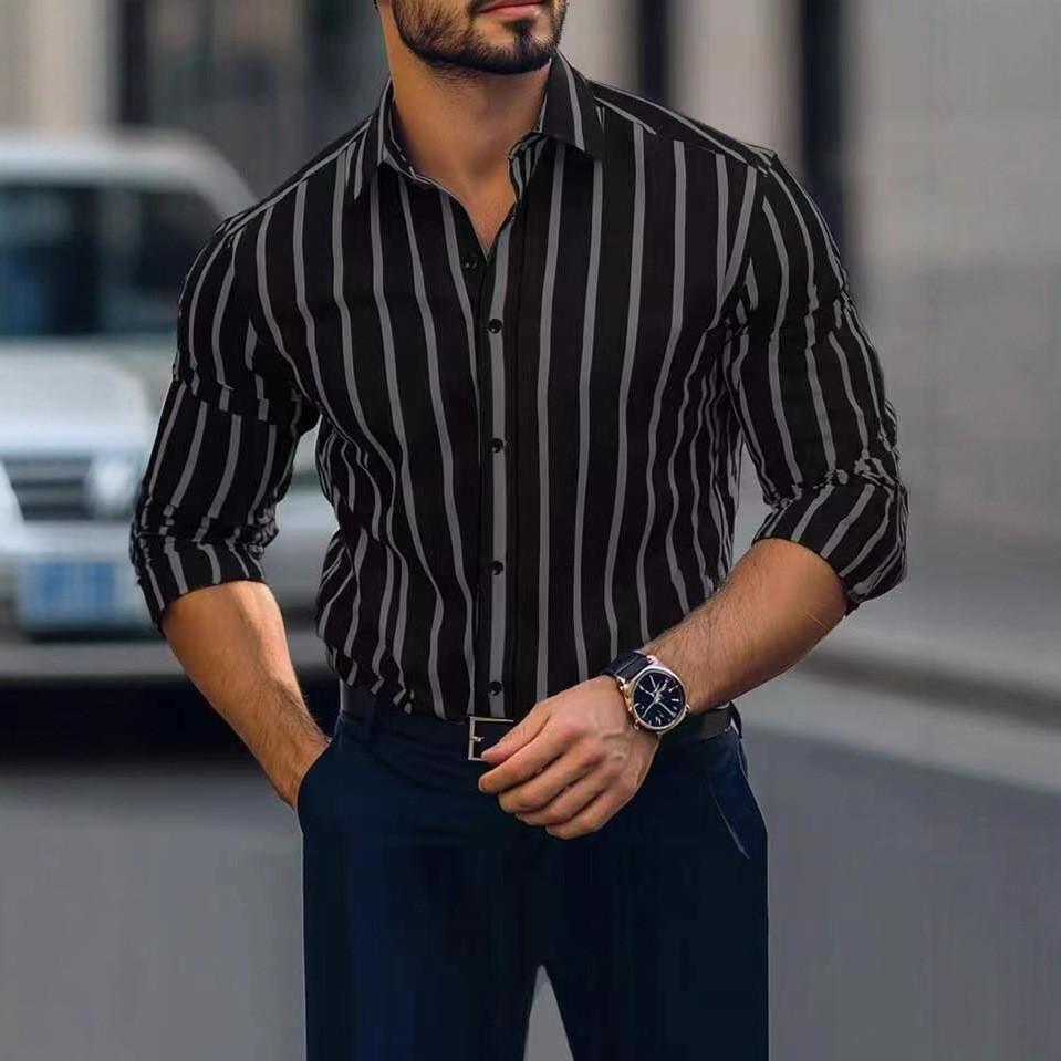 2026 Autumn and Winter New Shirt Lapel Striped Print Casual Long-sleeved Shirt for Men