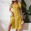 Women's Loose Casual Square Neck Puff Sleeve Floral Dress Long Skirt