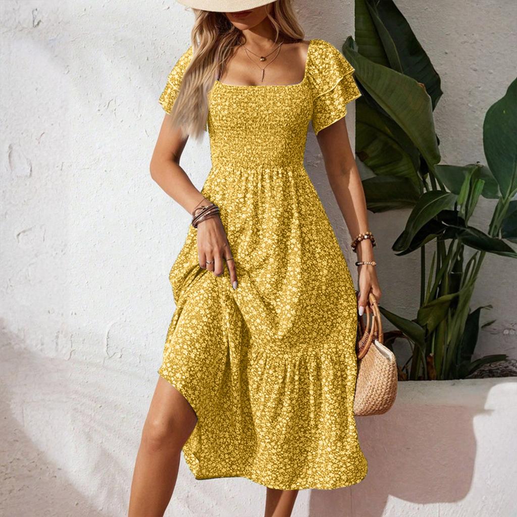 Women's Loose Casual Square Neck Puff Sleeve Floral Dress Long Skirt
