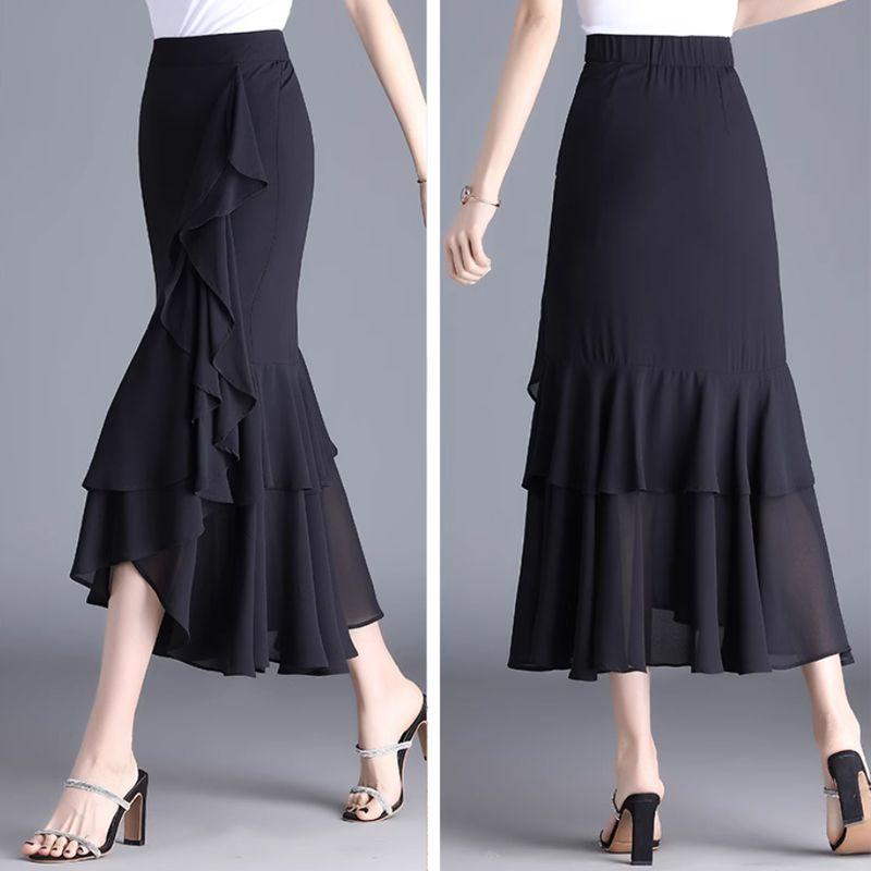 Women's Chiffon Half Length Skirt Fishtail Skirt Summer Medium Long Style Lotus Leaf Edge High Waist Irregular