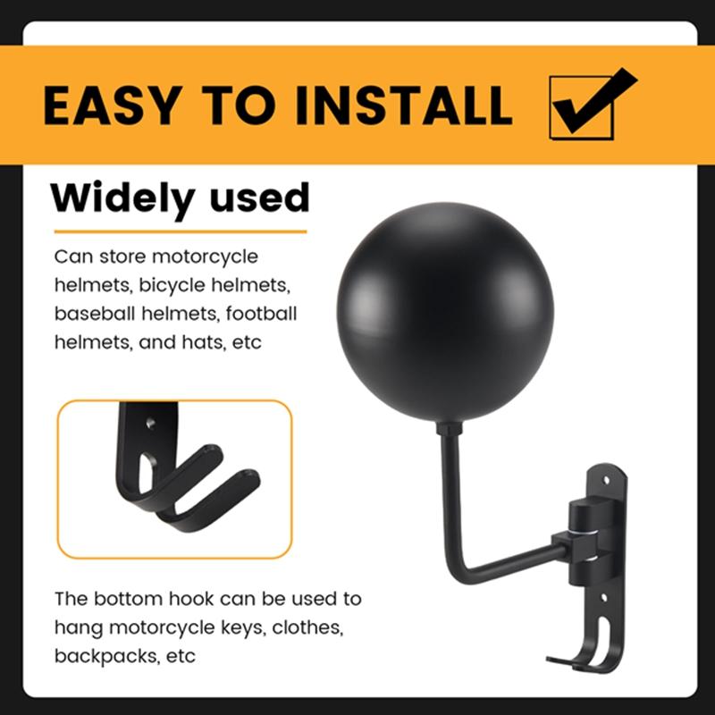 Classy-180° Motorcycle Helmet Rack, Rotation Metal Helmet Holder Wall Mount, Helmet Holder Bike With 2 Hooks Helmet Hanger