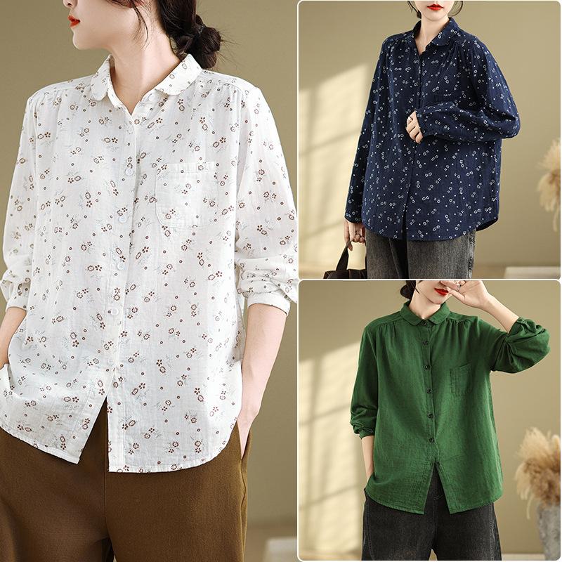 Spring Floral Long Sleeved Shirt for Women Loose Slimming Retro Artistic Shirt Blouses & Shirts