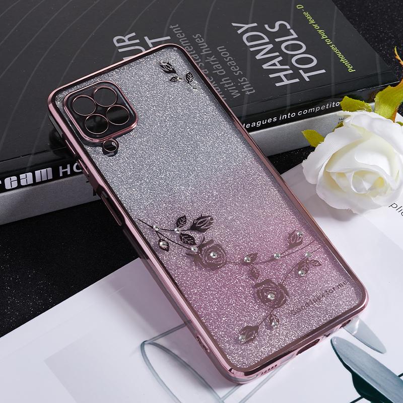 KADEM For Samsung Galaxy A12 Gradient Glitter Case Flower Pattern Rhinestone TPU Phone Cover