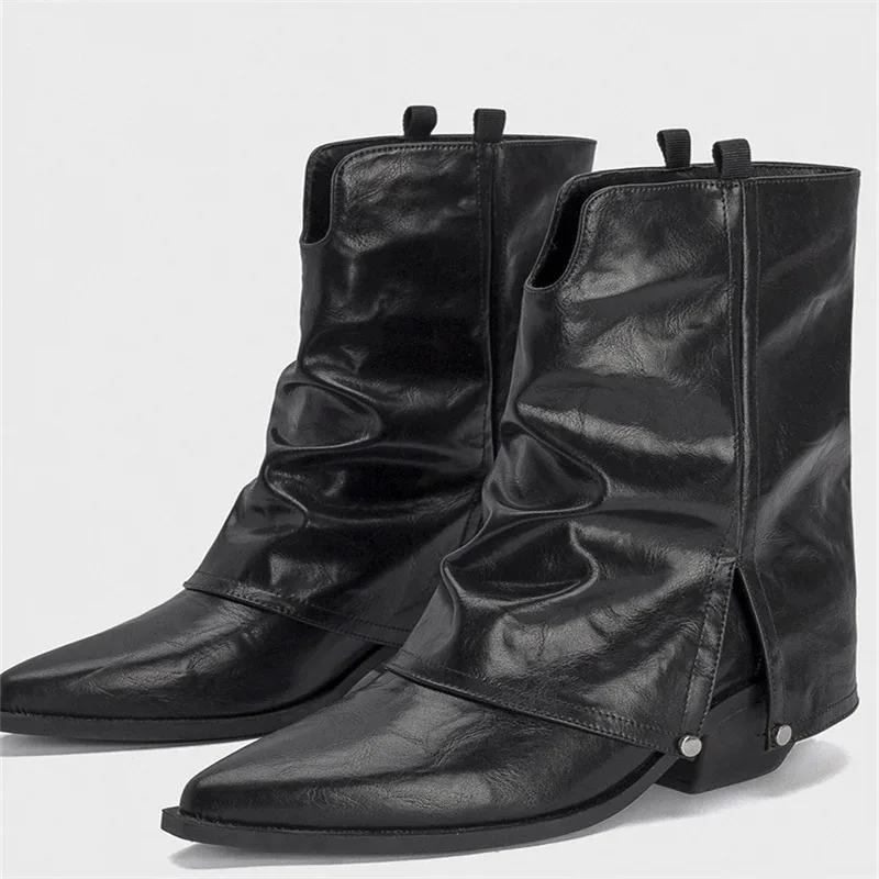 2024Brand Design Pointed Toe Square Heels  Winter High Botas Concise Office Ladies Shoes Pleated Silp-on Winter Boots