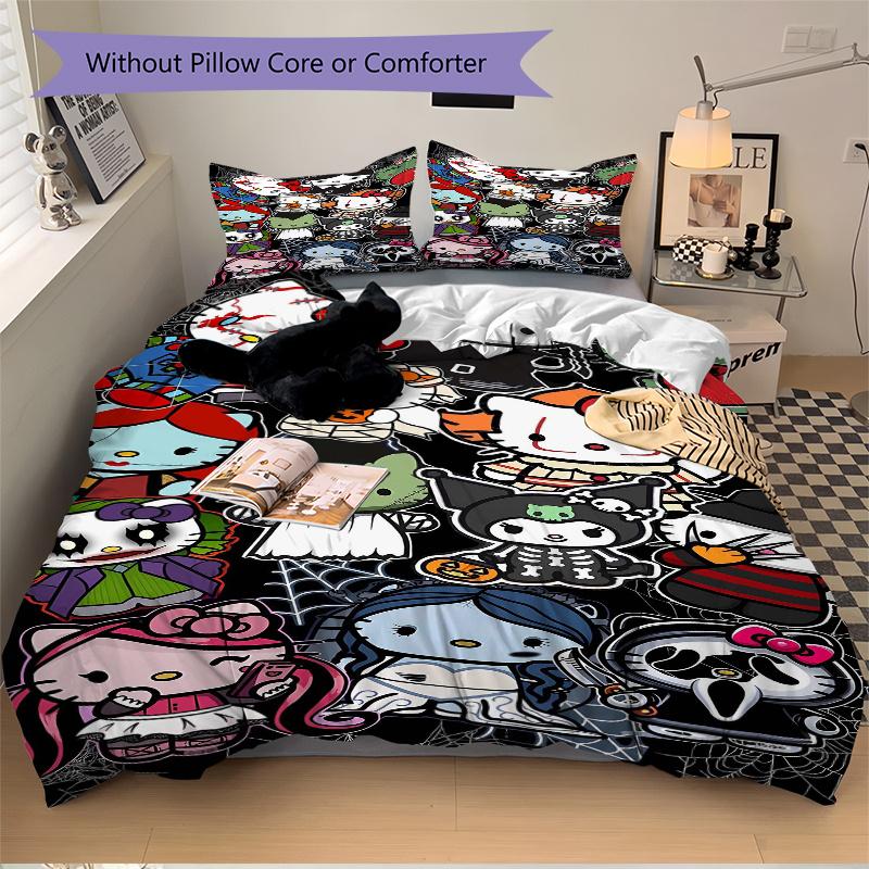 3pcs Halloween Compilation Hello Kitty Bedding Set Includes 1 Quilt Cover and 2 Pillowcases, Comfortable Bedding with Stylish Design for Bedroom S025