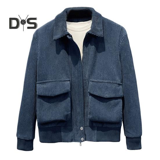 

Мужская вельветовая куртка с лацканами, длинными рукавами, карманами с клапанами, застежкой-молнией, однотонная куртка, повседневная верхняя одежда XXL синий