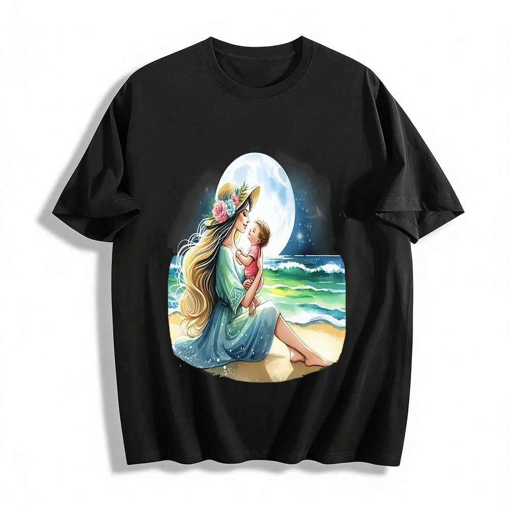 Moonlit Beach Mother Child Warmth Print Casual Top Pure cotton T-shirt XXS