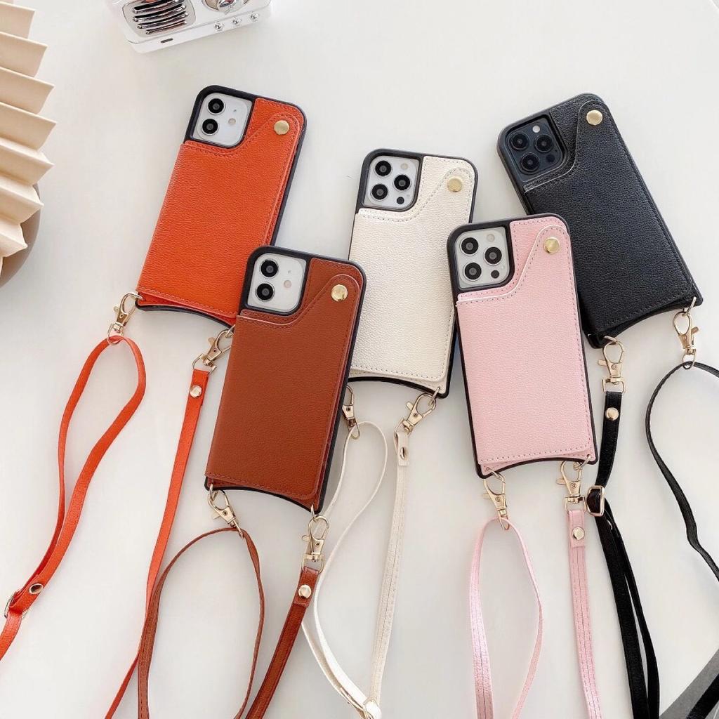 Applicable To Iphone14pro Mobile Phone Case Oblique Span Flip Cover Insert Card Mirror Leather Case 14max Japanese and Korean Strap Protective Case
