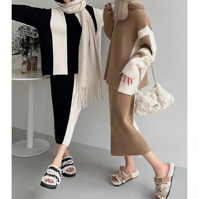 Design Sense of Niche High Neck Sweater Women Fashion Two-piece Autumn and Winter Color Collision Knitting Suit High Waist Half-body Skirt