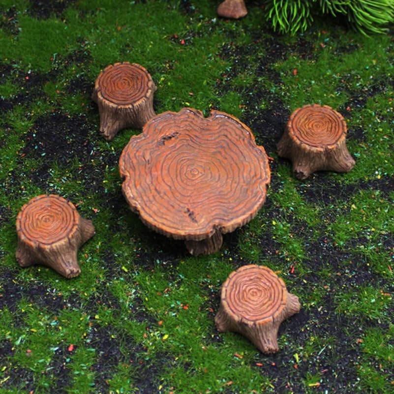 Amosfun Miniature Stump Table and Chair Miniature Model Chair Decorative Mini House Interior Garden Outdoor Resin Set, Figurine, Ornament,