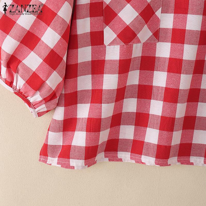 ZANZEA Women Loose Round Neck 3/4 Sleeve Casual Grid Print Blouse