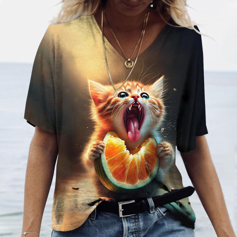 Summer Women s V-Neck T-Shirt Cute Kitten Orange Slice Print Casual Loose Short Sleeve Top S