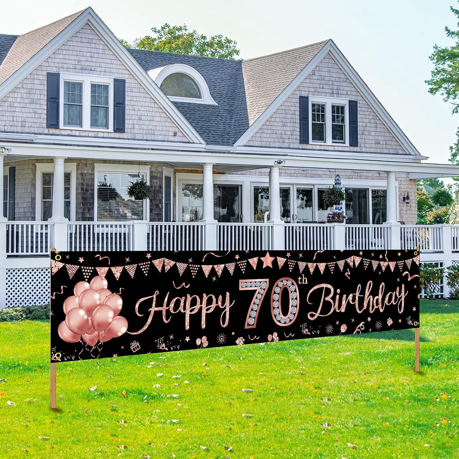 Happy 70th Birthday Banner Decorations for Women, Rose Gold 70 Birthday Sign Party Supplies, Funny 70 Year Old Theme Birthday Party Decor for Outdoor