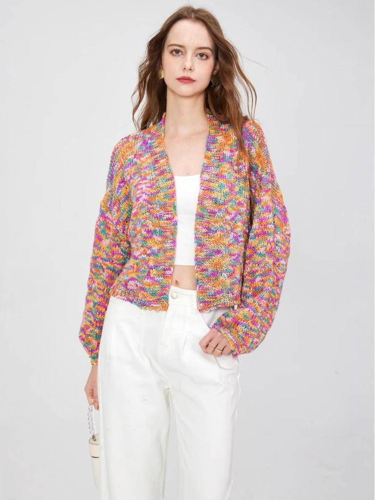 High-End European Floral V-Neck Long-Sleeve Knitted Cardigan for Women