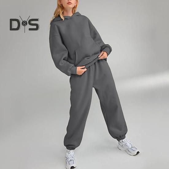 2 bucăți/set pantaloni sport pentru femei, cu glugă, cu mânecă lungă, de culoare pură, cu glugă, cu talie elastică, pantaloni largi, cu bandă la gleznă, ocazional, trening fitness zilnic