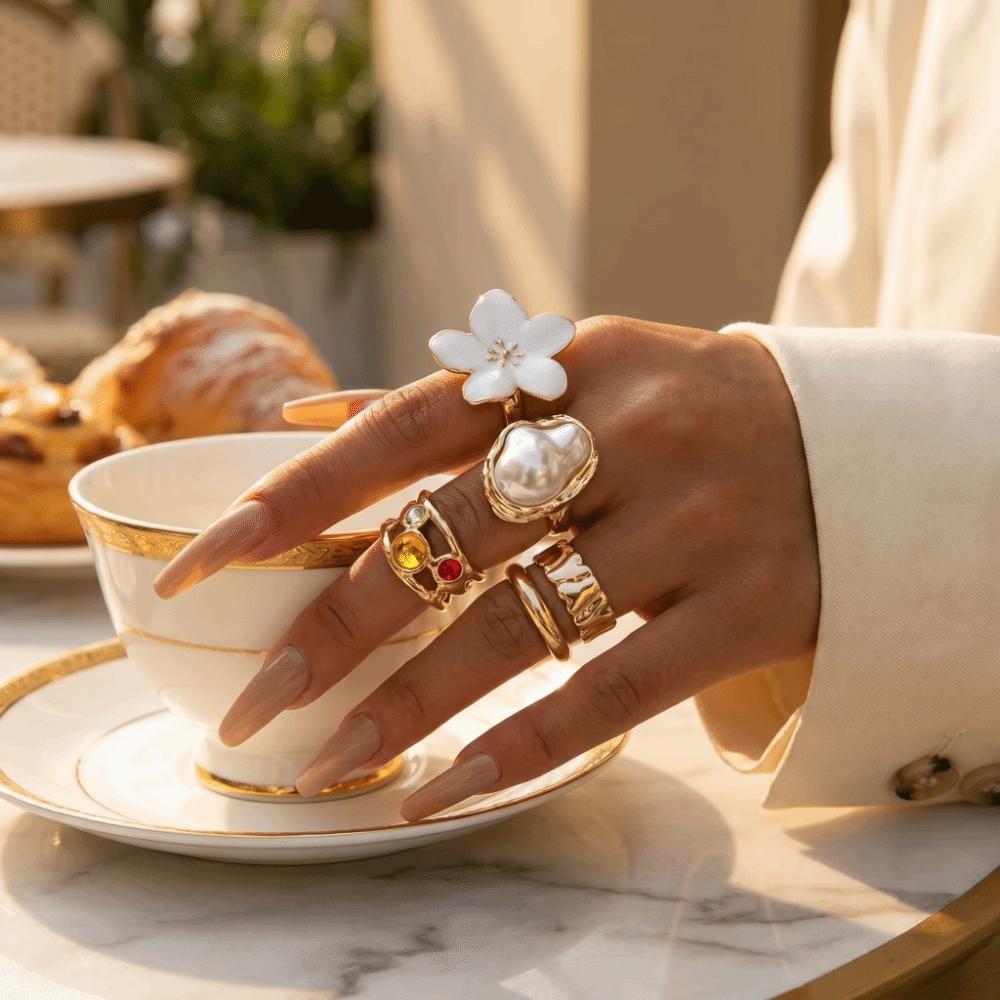6/8/12 pcs/set Gold Sliver Open Ring Sets Zinc Zinc Alloy Floral Ring Elegant Geometric Baroque Ring Gift
