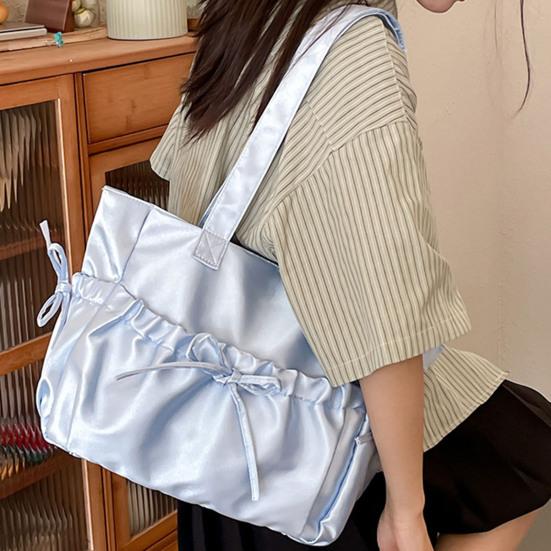 Women Wrinkled Shoulder Bag Glossy Tote Bag with Bows Large Capacity Handbag Purse for Daily Outings Street Commuting Parties Date