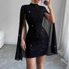 Summer New Shiny Chiffon High Neck Lantern Sleeve Party Hip Women's Dress
