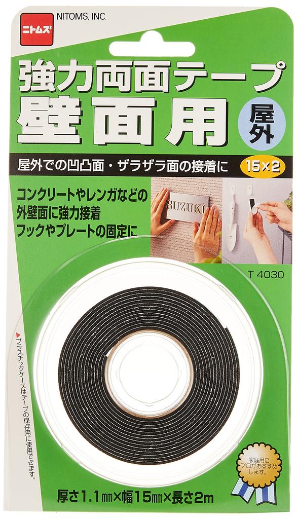 Nitoms Strong Tape for Outdoor and 15mm Width x 2m Length x T4030 Double-Sided Walls, Use, Hooks, Plates, Adhesion, Fixing, 1.1mm Thickness,
