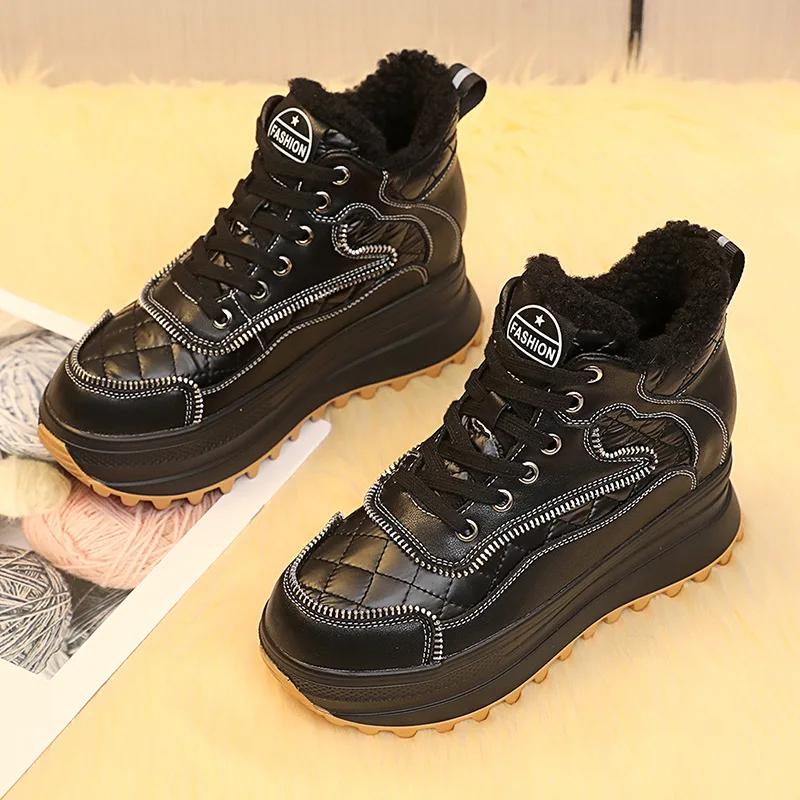 

Модные зимние ботинки из натуральной кожи высотой 7,5 см, теплые меховые ботинки на танкетке, белые, черные, нескользящие, водонепроницаемые, зимние ботинки 36 чёрный