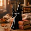 Black Witch Figurine for Home Shelf Faceless Sitter Figurine, 3D Printed Wizard Statue with Halloween Party Tabletop Decoration Wand Spell Book,
