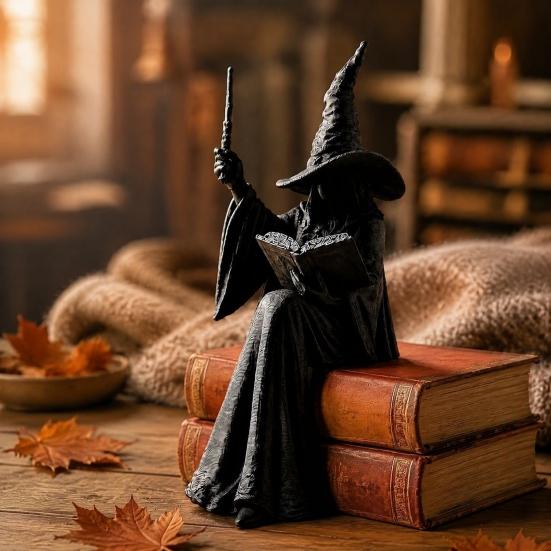 Black Witch Figurine for Home Shelf Faceless Sitter Figurine, 3D Printed Wizard Statue with Halloween Party Tabletop Decoration Wand Spell Book,