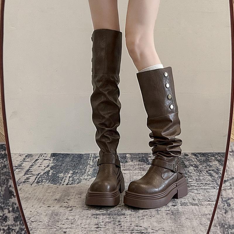 Brown British Platform Boots Women's Winter New Knee Thick Heel Premium Stacking Boots Retro Tall Tube