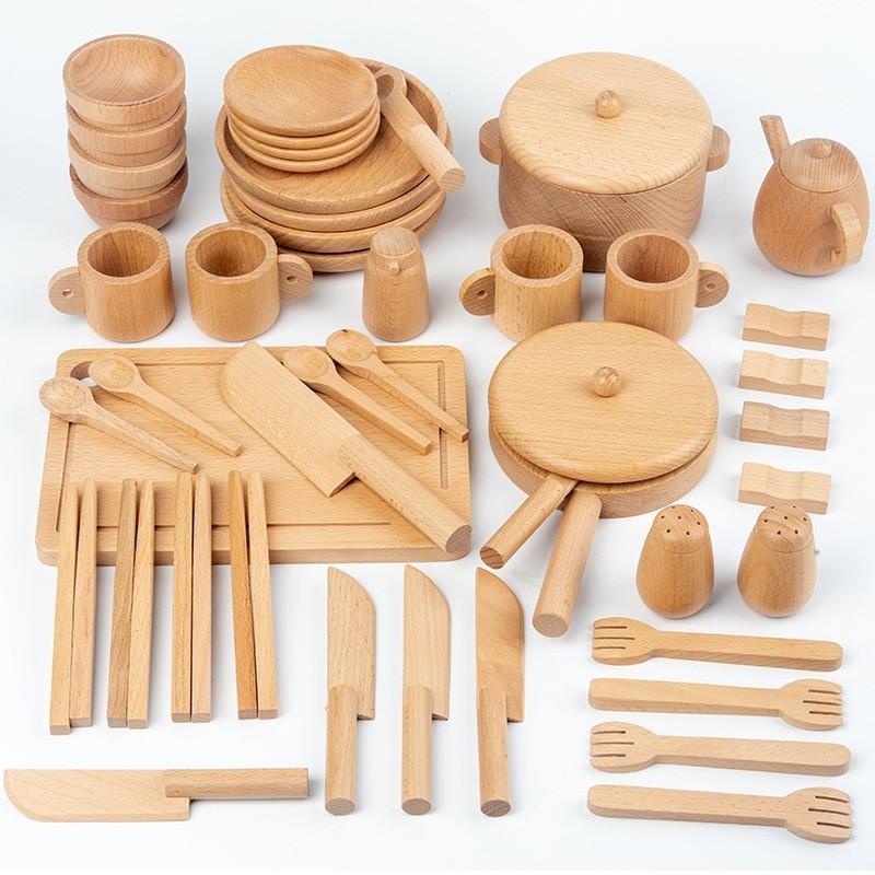 Wooden play house afternoon tea primary color tea art kitchen set simulation teapot teacup chessile kitchen toys
