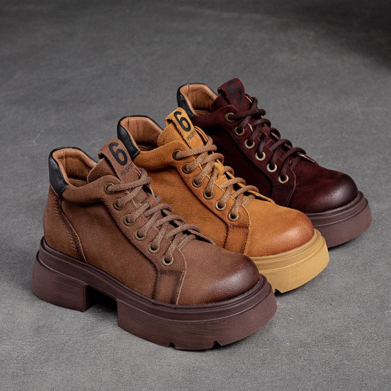 Johnature Retro Genuine Leather Lace-up Short Boots Round Toe Thick Sole Casual Versatile Women's Shoes
