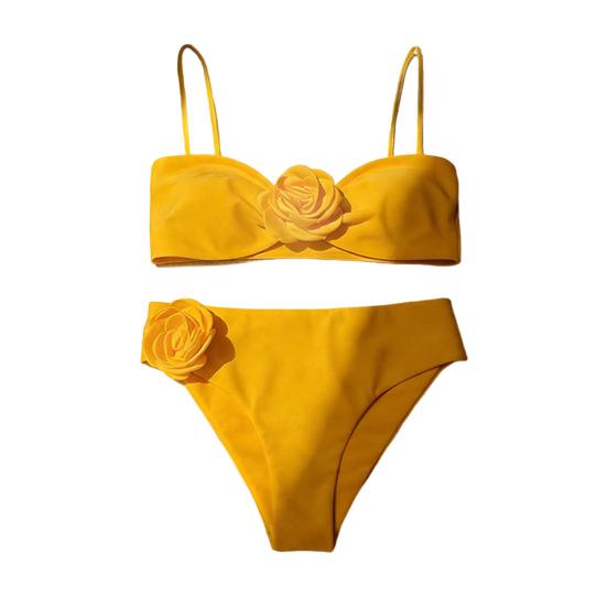 2Pcs/Set Women Bikini Set 3D Flower Decor Adjustable Straps Tube Top Bikini Bra High Waist Swimming Trunks Set Beach Swimwear