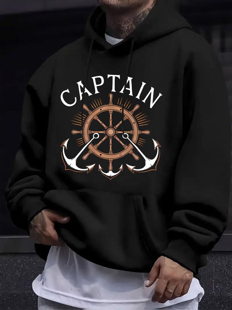 American/European Style Unisex Autumn/Winter Printed Hooded Long-Sleeve Sweatshirt, Helm & Anchor Nautical Vintage Artistic Hooded Print Sweatshirt, N