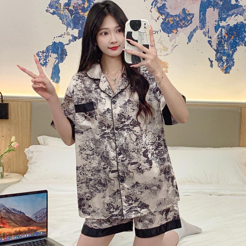 Summer High-End Ice Silk Short-Sleeved Women'S Pajamas, National Style Ink Painting, Casual Loungewear Two-Piece Set