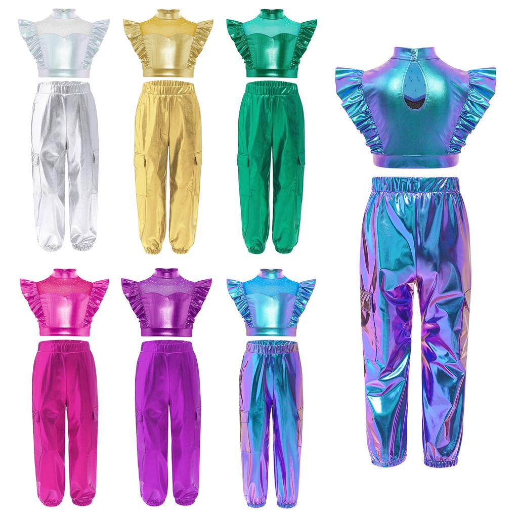 Children‘s Stage Performance Outfit Rhinestone Adorned Mock Neck Sleeveless Crop Top Metallic Ruffle Hem and Shiny Cargo Pants for Hip-Hop Jazz