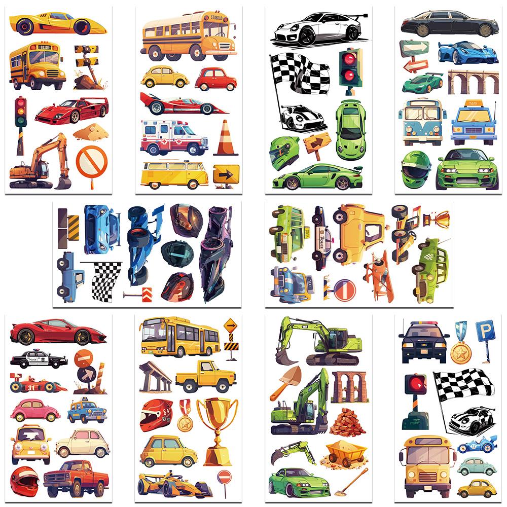 

10 листов мультяшных машин, автобусов, машин скорой помощи, татуировки, наклейки для лица, рук, тела, временные водонепроницаемые татуировки, детские креативные подарки