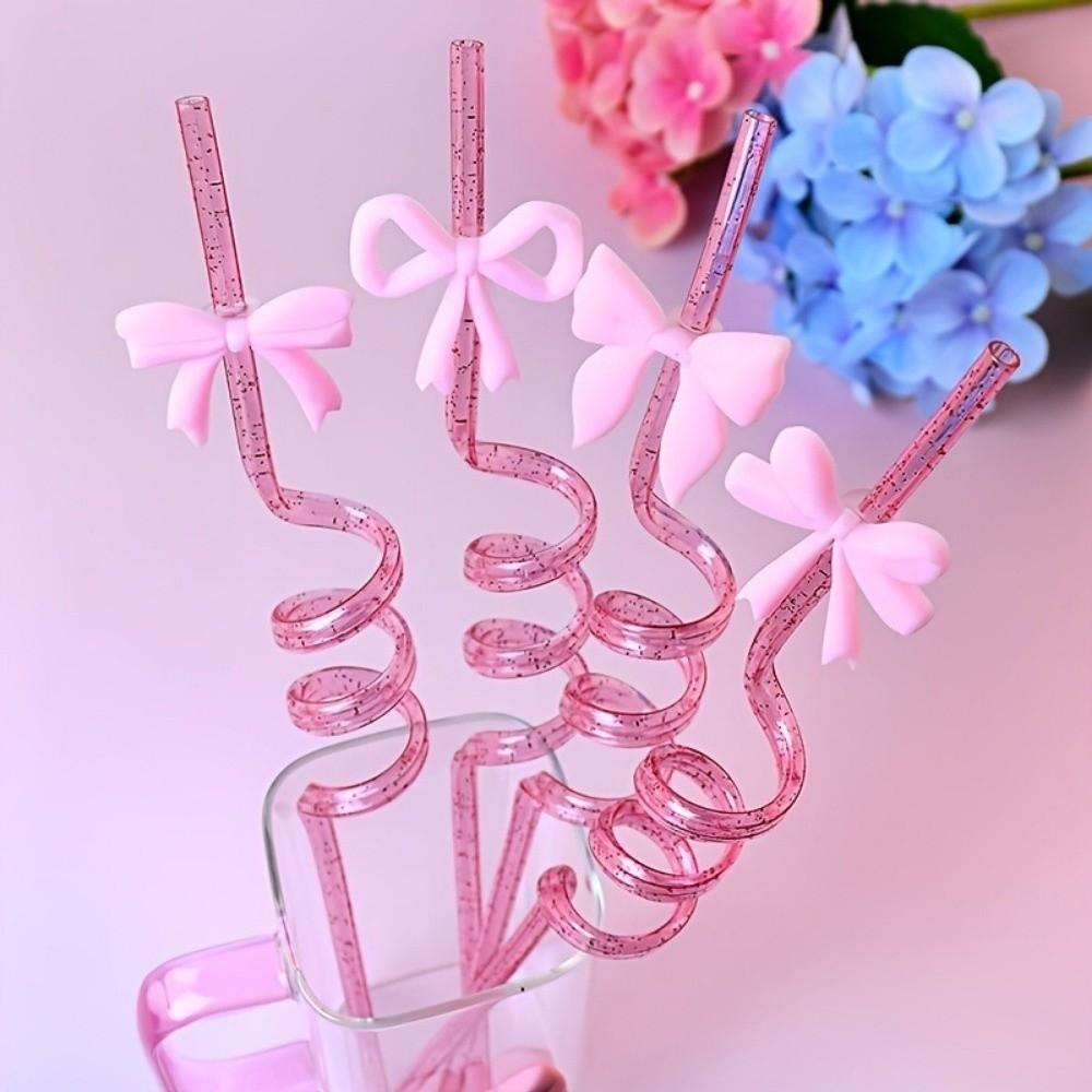 8pcs Shimmer Effect Pink Bow Straws Durable Material Sparkle Straws  Themed Events