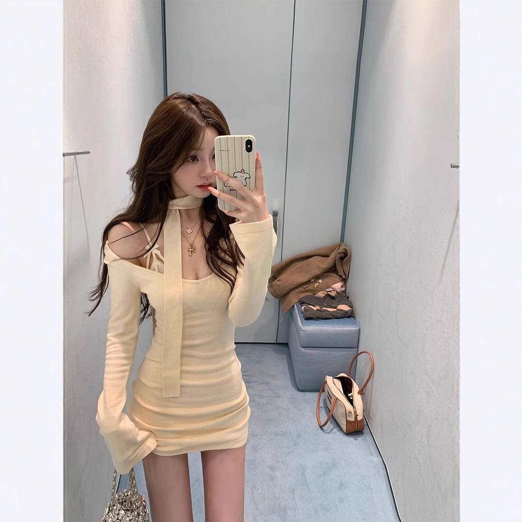 

Женское осеннее облегающее вязаное платье 2024 – Сексуальная облегающая бедра короткая юбка Large абрикосовый