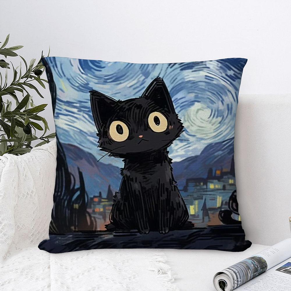Van Gogh Starry Sky Cat Pillow Case Sofa Decorative Home Double-sided Print Plush Square Throw Pillow Covers Cushion Decor Cover