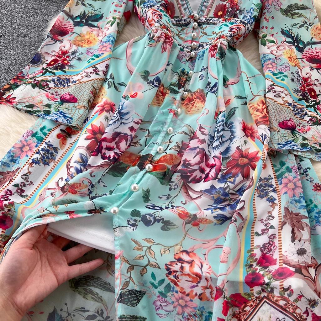 Spring Summer Bohemain Long Dress Women's V-Neck Flare Sleeve Floral Print Single Breasted High Waist A-Line Chiffon Vestidos