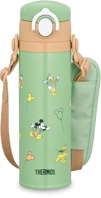 Thermos Water Bottle,Vacuum Insulated Kids Mobile Mug,500ml,Mickey Green,Comes with Shoulder Pads That Are Gentle On Shoulders,JOI-501DS G