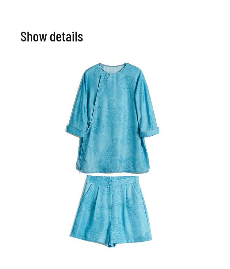 Women's High-End Chinese Style 100% Pure Mulberry Silk Ribbed Jacquard Top & Pants Set