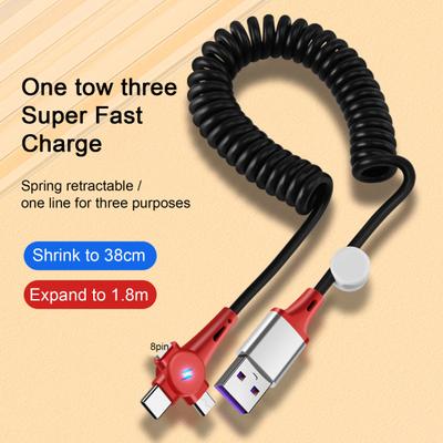 Cable de carga USB 3 en 1 de 100 W, retráctil, de carga superrápida, LED en forma de T con luz tipo C/micro USB/resorte de 8 pines