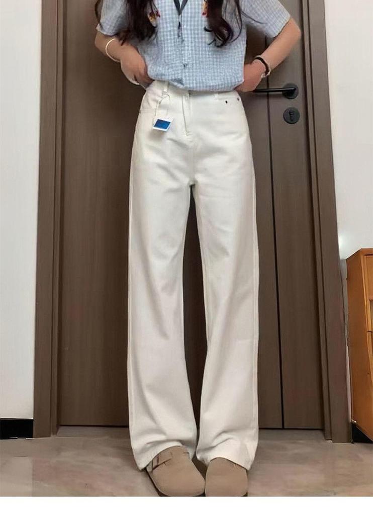 White Denim Plus Size Wide-Leg Pants for Women - Loose Fit, Autumn Style, Slimming, Hip-Covering, Pear-Shaped, Straight Leg.