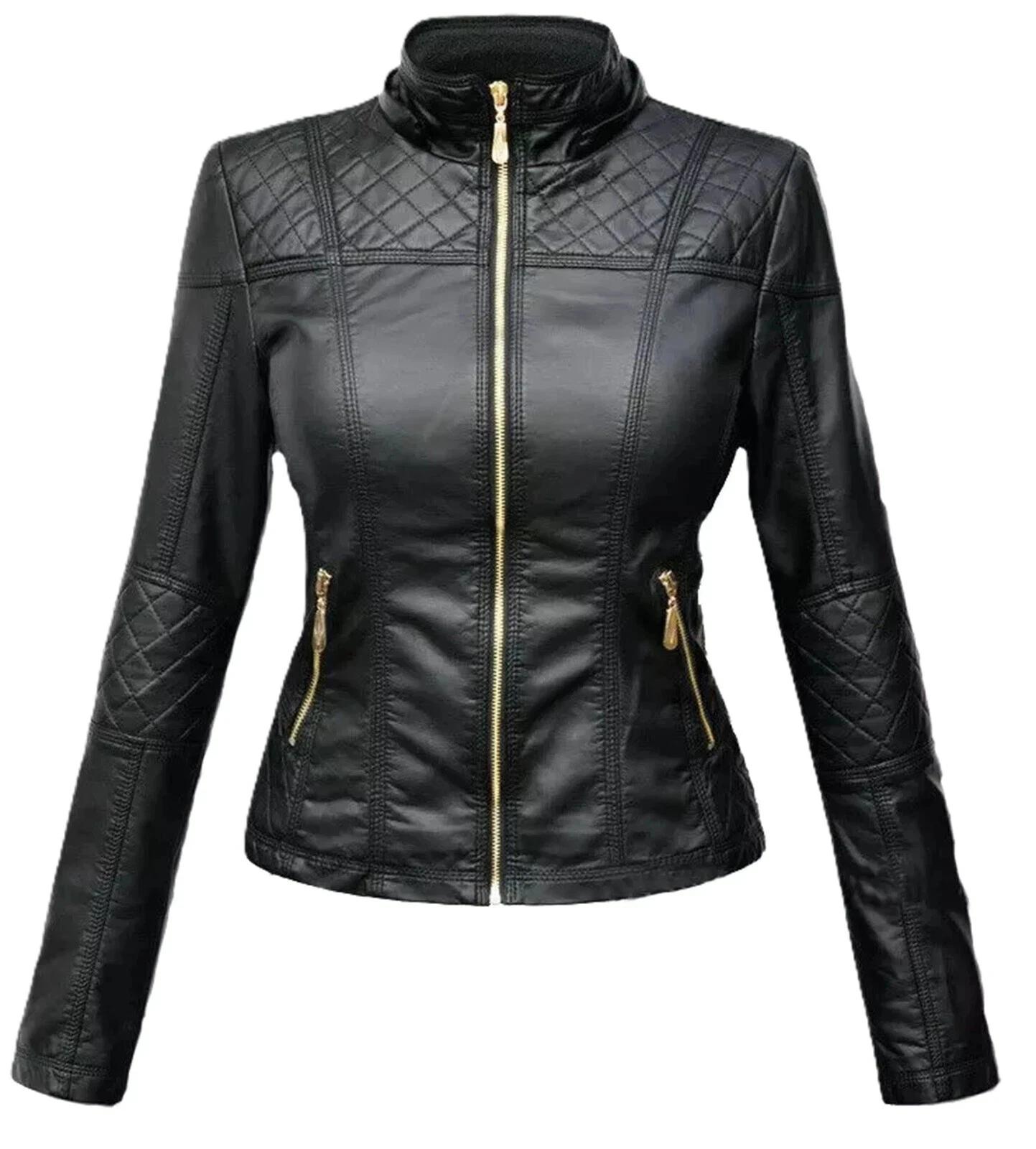

Новая женская куртка черная ручной работы из кожи ягненка стильная повседневная на молнии мотоциклетная 3XL чёрный