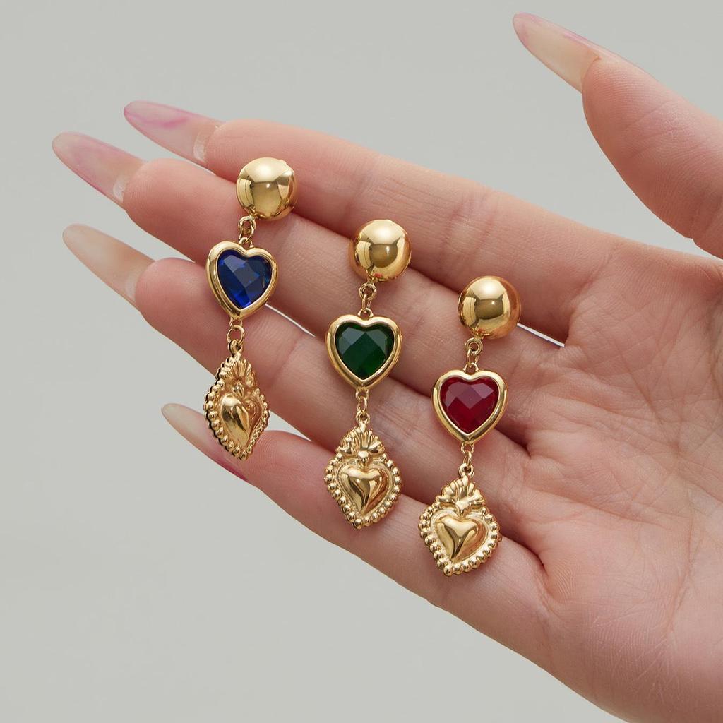 Colorful Heart Glass Stone Tassel Earrings & 18K Gold Plated Stainless Steel Necklace