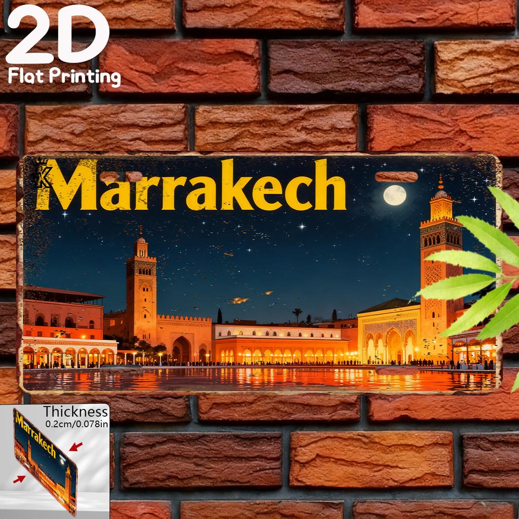 2D Flat, Vintage Aluminum Sign, 1pc, Marrakech Theme,Decorative Plaque & Ornament, Vintage Style Decor, City Theme Wall Art