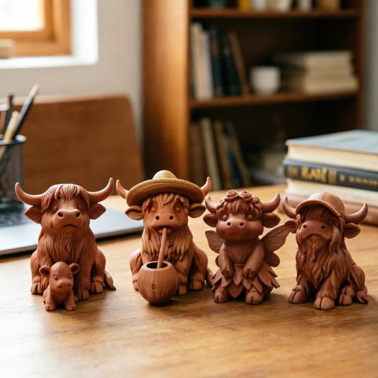 Rustic Highland Cow Ornament, Terracotta Color 3D Printed Cow Statue, Cute Highland Cow Figurine for Home Desk Shelf Farmhouse Decor