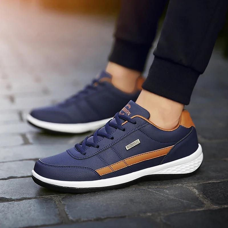 Men's Leather Shoes Flat Black Sneakers Lace-up Non-slip Board Shoes Walking Men's Casual Running Shoes