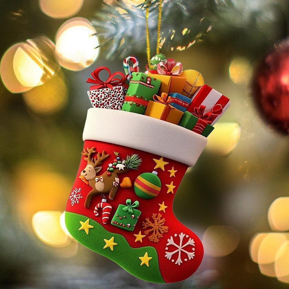 1/6Pcs 2D Christmas Socks Decorations Colorful Handcrafted Christmas Tree Ornaments Acrylic Christmas Tree Pendant Holiday Decor