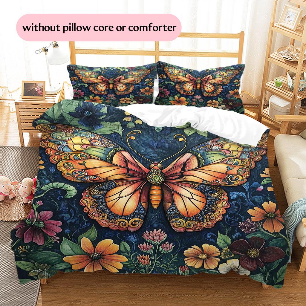 Butterfly in Flower Bushes  Pattern Bedding Quilt Set Quilt Cover Pillowcase Home Decoration  Gift (1 * duvet cover + 2 * pillowcase, without core)