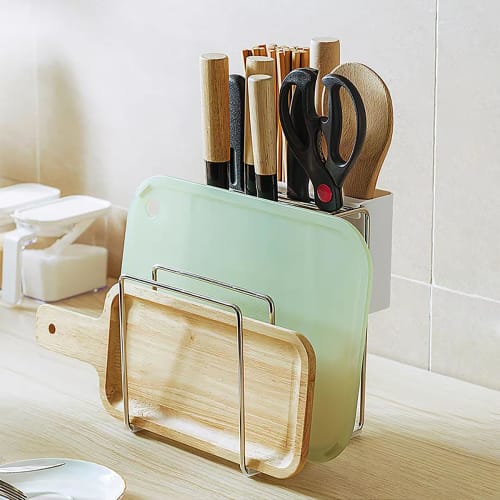 DEWEL Stainless Steel Knife Stand, Cutting Board Stand, Knife Case, Space-Saving, Breathable, Rust-Resistant, Multi-Functional Storage for Knives, Cut